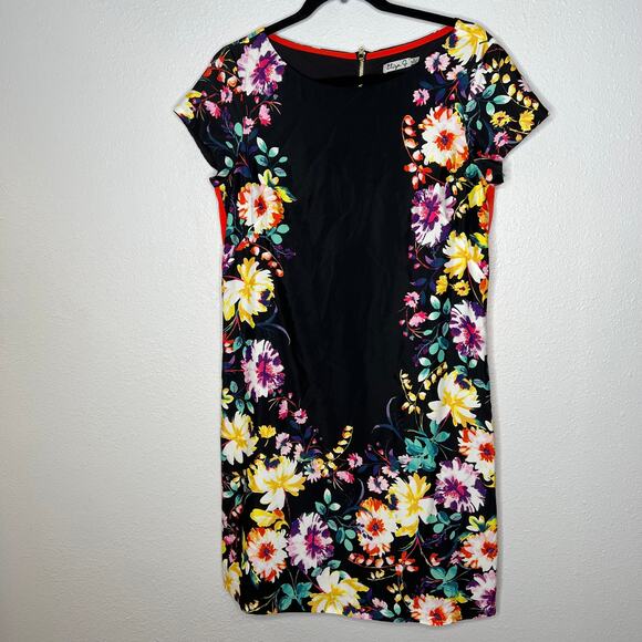 Eliza J Shift Mini Dress Black Floral Back Gold Zip Short Sleeve Sz 8 - Picture 1 of 5